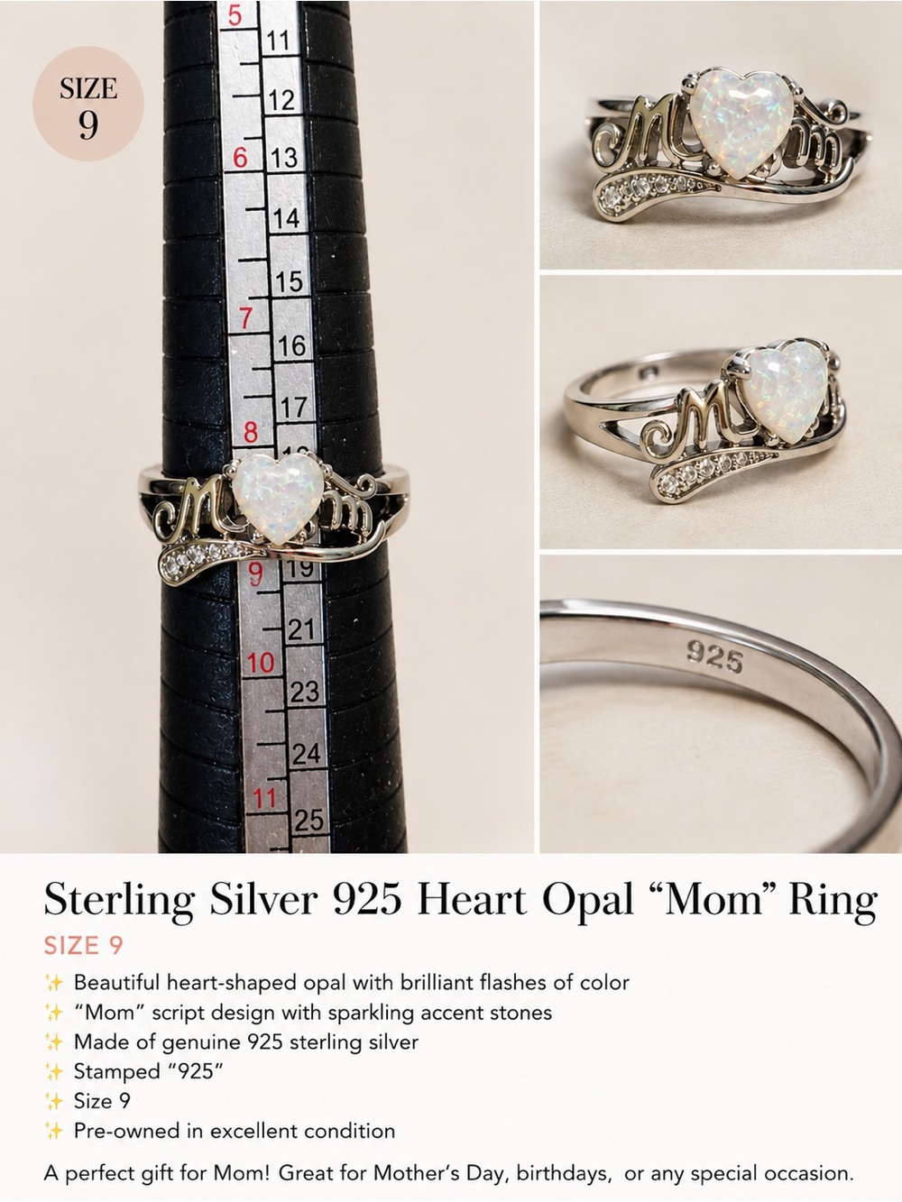 925 Sterling Silver Mom Heart Opal Ring | Size 9 | Mother’s Gift